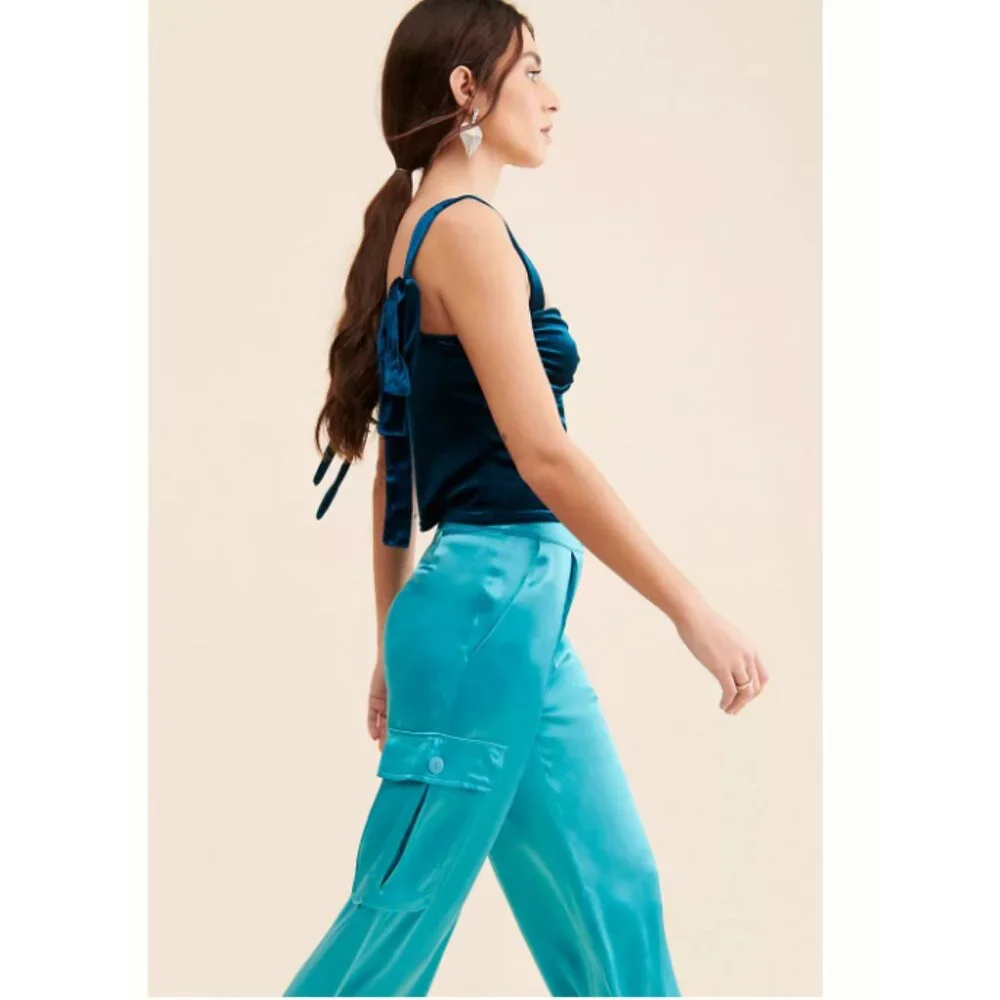 Anthropologie Corey Lynn Calter Satin Cargo Wide Leg Pants Aqua 3X - Picture 2 of 2